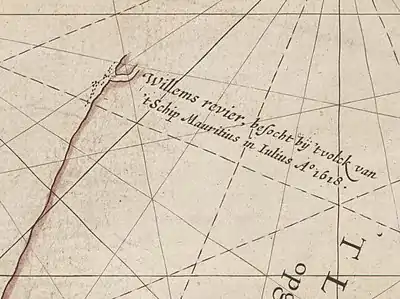 Caert van't Landt van d'Eendracht (detail naming the Mauritius as ship used for the discovery of Willem's River) - The text on this close-up cropped image says, Willems revier, besocht by 't volck van 't Schip Mauritius in Iulius A° 1618 (translated Willem's River, visited by the crew of the ship Mauritius in July 1618)