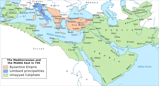 A map of the Middle East and Mediterranean Basin showing the empires and states around 740