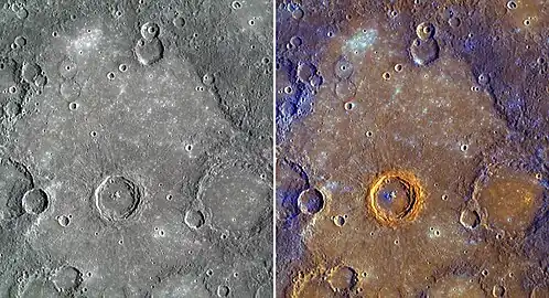 Calvino crater at center of each image.  The left image was created by combining WAC images from three narrow-band color filters to approximate Mercury's color as it would be seen by the human eye. The right image used a statistical analysis of all 11 WAC filters to highlight subtle color differences on the surface.