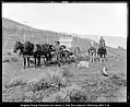 A man standing next to two horses that are harnessed to a wagon and another man is riding a horse and holding a spare horse behind the wagon. Taken outdoors.