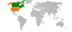 Map indicating locations of  Canada and USA