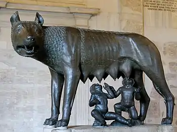 Photograph of the sculpture Capitoline Wolf showing of the mythical she-wolf feeding the twins Romulus and Remus