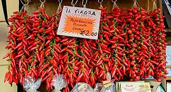 Peperoncino chili in Tropea, Italy, with a sign saying il viagra calabrese ("the Calabrian viagra")