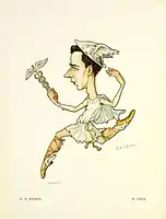 Caricature of Mikhail Fokine as the god Mercury in Le Réveil de Flore by the brothers Nikolai and Sergei Legat, circa 1903.