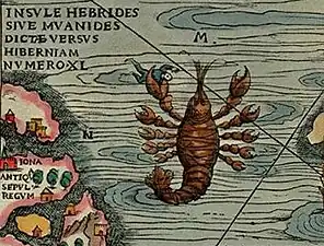 Kraken represented as a Crayfish or Lobster. Monster "M". Carta marina (1539), detail.