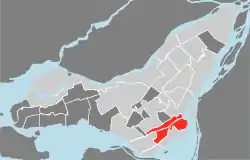 Location on the Island of Montreal.  (Dark grey areas indicate demerged municipalities).