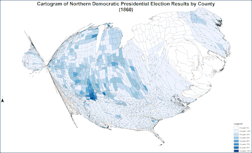 Cartogram of Northern Democratic presidential election results by county