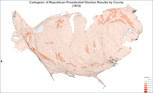 Cartogram shaded according to percentage of the vote for Taft