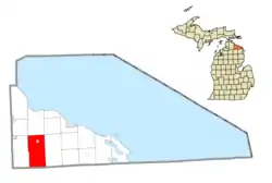 Location within Presque Isle County (red) and the administered village of Millersburg (pink)