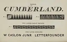 Specimen by William Caslon IV showing his Two Lines English Egyptian sans-serif, the first general-purpose "sans-serif" printing type ever. Cut in only one size, it was apparently not promoted with any prominence.