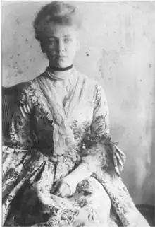 Huntington in her great great great Grandmother Elizabeth Pitkin's wedding dress, c. 1910