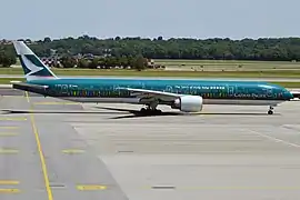 A Boeing 777-300ER (B-KPB) in The Spirit of Hong Kong special livery.