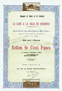 Share of Compagnie du Chemin de fer funiculaire de la Gare à la Ville de Cossonay, issued 1. March 1897