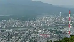 Panorama view of Agata and Nakashima, other downtown areas and the Ose River in Nobeoka, from Mount Atago.