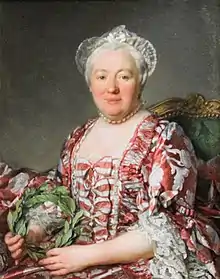 Half-length portrait of Mme Denis in a red and white dress holding a crown of laurels