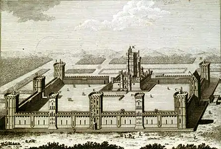 The Chateau of Charles V by Pierre Nicolas Ransonette (18th c. engraving), before the truncation of the perimeter towers.