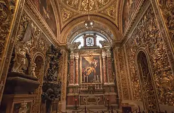 Chapel of the Langue of Castile, Leon and Portugal in St. John's Co-Cathedral, with Pinto's funerary monument visible on the left