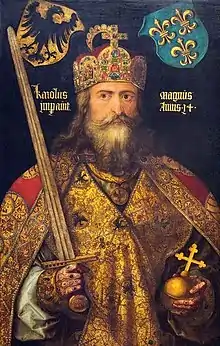 Charlemagne wearing the Imperial Crown of the Holy Roman Empire, by Albrecht Dürer, c. 1512. The crown was made a century and a half after Charlemagne's death.