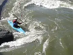 Slalom gate on the right split of the Wilderness channel, from the bridge.