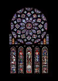 Northern rose window of Chartres Cathedral. The rose depicts the Glorification of the Virgin Mary, the twelve kings of Juda, and the Twelve Prophets.