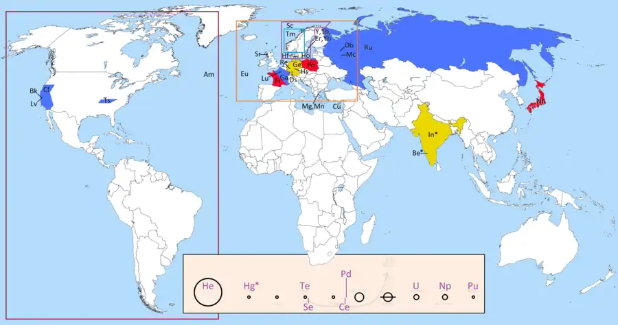 41 elements have names connected to places, with 32 found around the world (not counting the planet as a whole), and 9 among bodies in the Solar System.  Countries with elements named for them are colored in, as with US states having this honor.  Other locations are indicated with lines if smaller, or are enclosed if larger.  Inset at the bottom is a diagram of outer space.  The Sun, Moon and half of the planets along with two asteroids and Pluto are the 9 with connections to element names.  The other half of the planets (Venus, Mars, Jupiter and Saturn) do not have any connection.  The connection to Mercury is an indirect one.  The connection with beryllium and indium to India is likewise indirect.  (Inset graphic is adapted from the Pioneer plaque.)