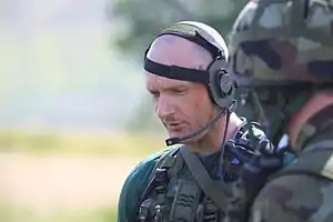 Soldier speaking into a headset