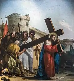 Simon of Cyrene helps Jesus carry the cross