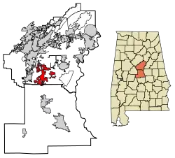 Location of Calera in Chilton County and Shelby County, Alabama.