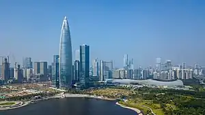 Shenzhen Bay with China Resources Headquarters on the left and Shenzhen Bay Sports Center on the right.