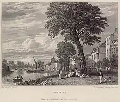 Engraving by George Cooke after William Havell, 1834. Looking upriver; a boat is unloading goods near some small shops.