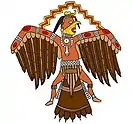   A man-bird hybrid wearing Mississippian era religious regalia, a lighting whelk necklace, face and body paint, a breechcloth, moccasins, and a hat.