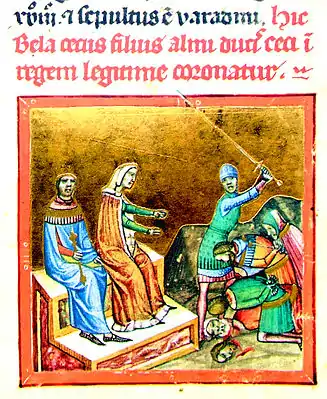 Chronicon Pictum, Hungarian, Hungary, King Coloman, crown, coronation, bishop, medieval, chronicle, book, illumination, illustration, history