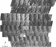 Scour patterns, located in Lunae Palus quadrangle, were produced by flowing water from Maja Valles, which lies just to the left of this mosaic.  Detail of flow around Dromore crater is shown on the next image.