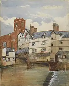 Watercolour of a red stone church and wooden houses on stilts above a river