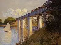 Claude Monet, 1873, The train bridge in Argenteuil (Le Pont du chemin de fer à Argenteuil), oil on canvas, 54.3 × 73.3 cm (21.4 × 28.9 in), Philadelphia Museum of Art