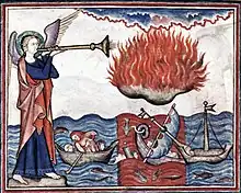 Cloisters Apocalypse, an angel sounds an añafil  (the 2nd trumpet) and fire rains on the sea.