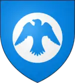 A coat of arms showing a white falcon flying out of a white moon on a sky blue field