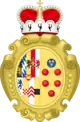 A quartered shield. Upper left and lower right are a blue and grey diamond crosshatch. Upper right and lower left are a crowned yellow lion rampant on a black field. Over all, in the centre, is a small red shield bearing a gold cross atop the middle of three gold hills.