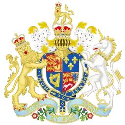 Quarterly, I Gules three lions passant guardant in pale Or impaling Or a lion rampant within a double-tressure flory-counter-flory Gules; II Azure three fleurs-de-lys Or; III Azure a harp Or stringed Argent; IV tierced per pale and per chevron, I Gules two lions passant guardant Or, II Or a semy of hearts Gules a lion rampant Azure, III Gules a horse courant Argent, overall an escutcheon Gules charged with the crown of Charlemagne Or