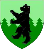 A coat of arms showing a black bear on a green field.