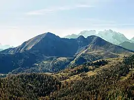 Col di Lana (left) and Monte Sief (right); a large charge was fired beneath the ridge which links the two (see mine #23)