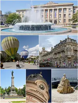 Top: Ruse CourthouseMiddle left: Ruse Street Ballons FestivalMiddle right: Dohodno Zdanie (Sava Ornianov Theater)Bottom left: Monument of FreedomBottom middle: Lyuben Karavelov LibraryBottom right: Ruse International Sand Sculpture Festival