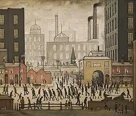 oil painting of many human figures walking out of a factory