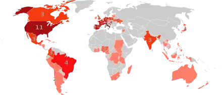 Numbered choropleth world map showing the number of cardinal electors for the 2005 papal conclave from each country