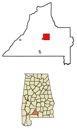 Location of Evergreen in Conecuh County, Alabama.