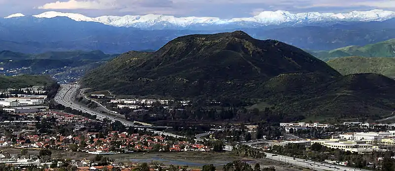 View from Newbury Park with Conejo Mountain in front and the Topatopa skyline behind.