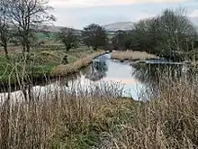 Looking south towards the River Nith at the point where it is joined by Afton Water just north of New Cumnock. The water entering from the bottom left of the picture is the River Nith and the water entering from the right is Afton Water. The hill in the background is Corsencon Hill (475 metres). Cumnock Castle stood on this site in the Middle Ages.