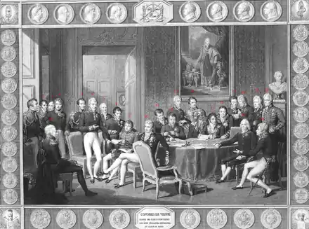 An oil painting of the delegates to the Congress of Vienna.