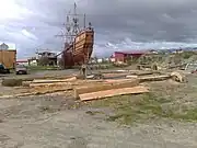 Nao Victoria looming over HMS Beagle's replica construction site