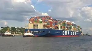 CMA CGM Vasco de Gama ride up river Elbe in September 2015